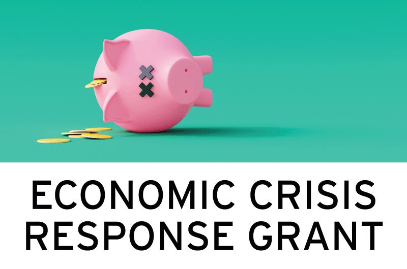 pink piggy bank tipped over on its side with coins falling out on green background with the words Economic Crisis Response Grant underneath